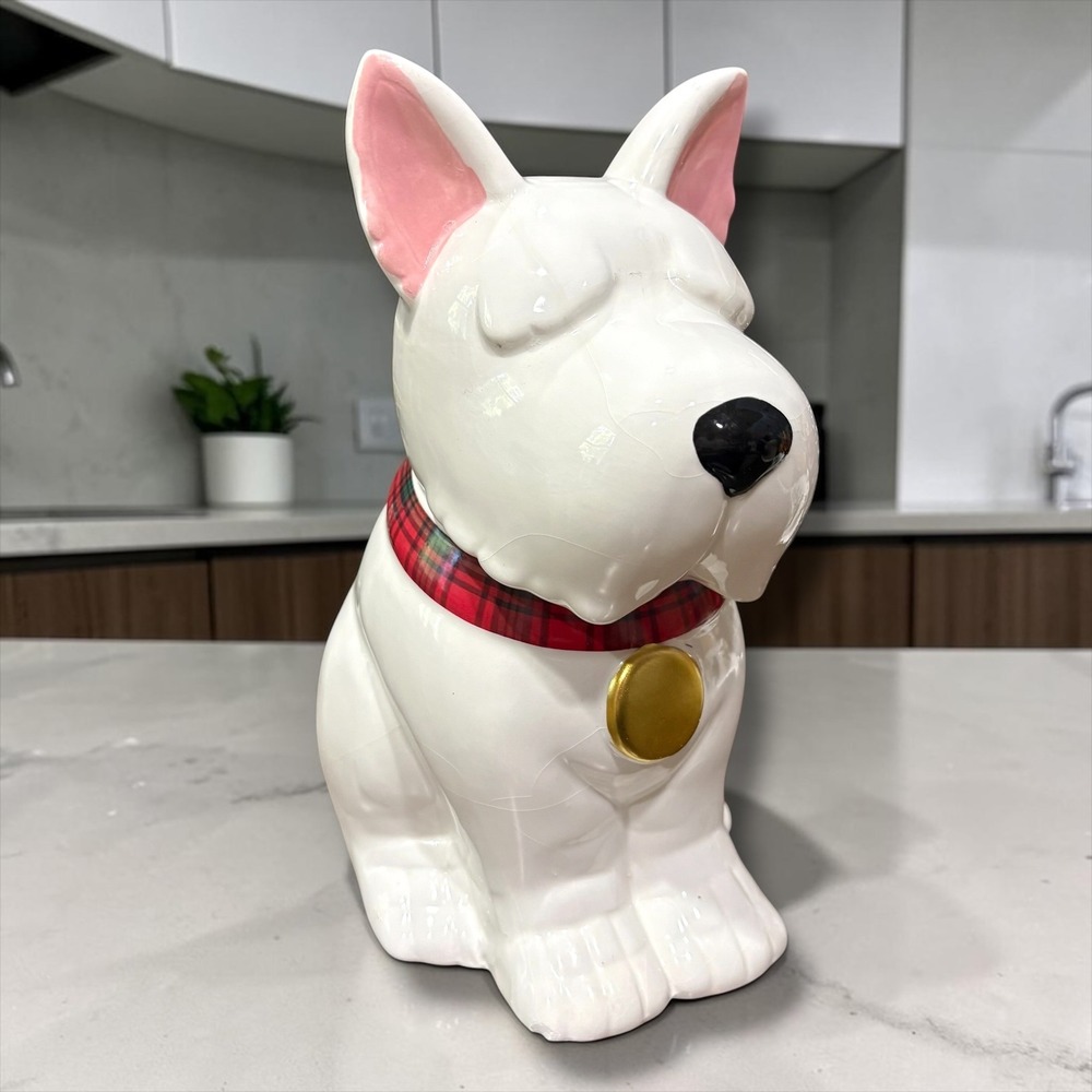 MSRF Design Studio White Bull Terrier Dog Treat Jar Red Plaid Collar Ceramic